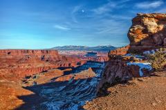 Late afternoon and early moonrise over Shafer Canyon in Canyonlands National Park, Utah