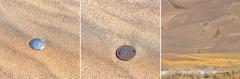 Three images showing a magnet in a black patch of sand on a sand dune at Great Sand Dunes National Park and Preserve
