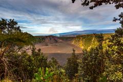 A wide-angle view looking down to Kilauea Iki Trail across a cooled lava lake, Hawaii Volcanoes National Park