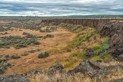 A wall of columnar basalts towering over a landscape of golden tall grass and scrubby sagebrush on an overcast morning, Drumheller Channels, Ice Age Flood National Geologic Trail