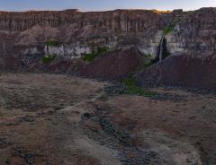 A shaded morning view of the seasonal waterfall in Frenchman Coulee, a part of the Channeled Scablands of the Ice Age Floods National Geologic Trail