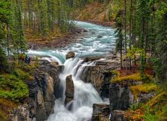 A small group of people viewing the frothing water of Sunwapta Falls on a rainy day in Jasper National Park