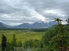 A cloudy, overcast sky above dark green trees, a light green valley, and distant blue mountains in the Valley of Ten Thousand Smokes at Katmai National Park and Preserve