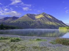 Mist hovering over Kathleen Lake with King's Throne in the background, Kluane National Park and Reserve
