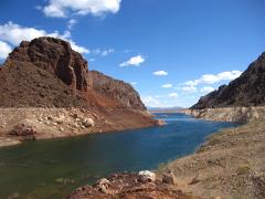 A view of the water of Lake Mead with canyon scenery on either side at Lake Mead National Recreation Area