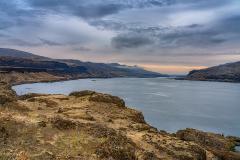 An upriver view of the Columbia River on an overcast day, with Washington state on the left side and Oregon on the right side, Lewis and Clark National Historic Trail