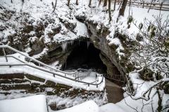 Snow-covered steps surrounded by snow-covered landscape at the historic entrance to Mammoth Cave, Mammoth Cave National Park