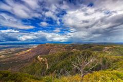 A blue sky filled with fluffy clouds over tree-covered mesas and a distant rainstorm at Mesa Verde National Park