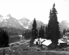 A black-and-white 1917 image of Paradise Inn and surrounding tent cabins up at Mount Rainier National Park