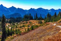 An autumn view of the Skyline Trail and the Tatoosh Mountains at the Paradise area of Mount Rainier National Park