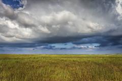 A vast expanse of prairie grassland over which loom dramatic storm clouds at Padre Island National Seashore, in Texas