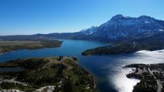 A view looking down on Waterton Lakes and the Prince of Wales Hotel from the Bear's Hump Overlook in Waterton Lakes National Park, in Canada