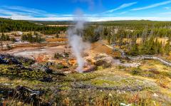 A wide-angle view looking down onto the Artist Paint Pots area in Yellowstone National Park