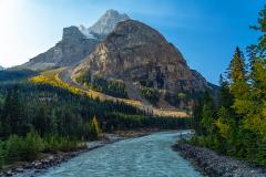 Early morning sunrise over Mount Stephen and the Kicking Horse River in Yoho National Park