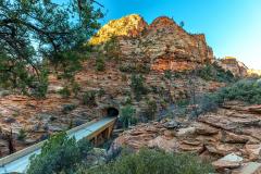 An overview shot of the road and the Zion-Mount Carmel tunnel in Zion National Park located in Utah